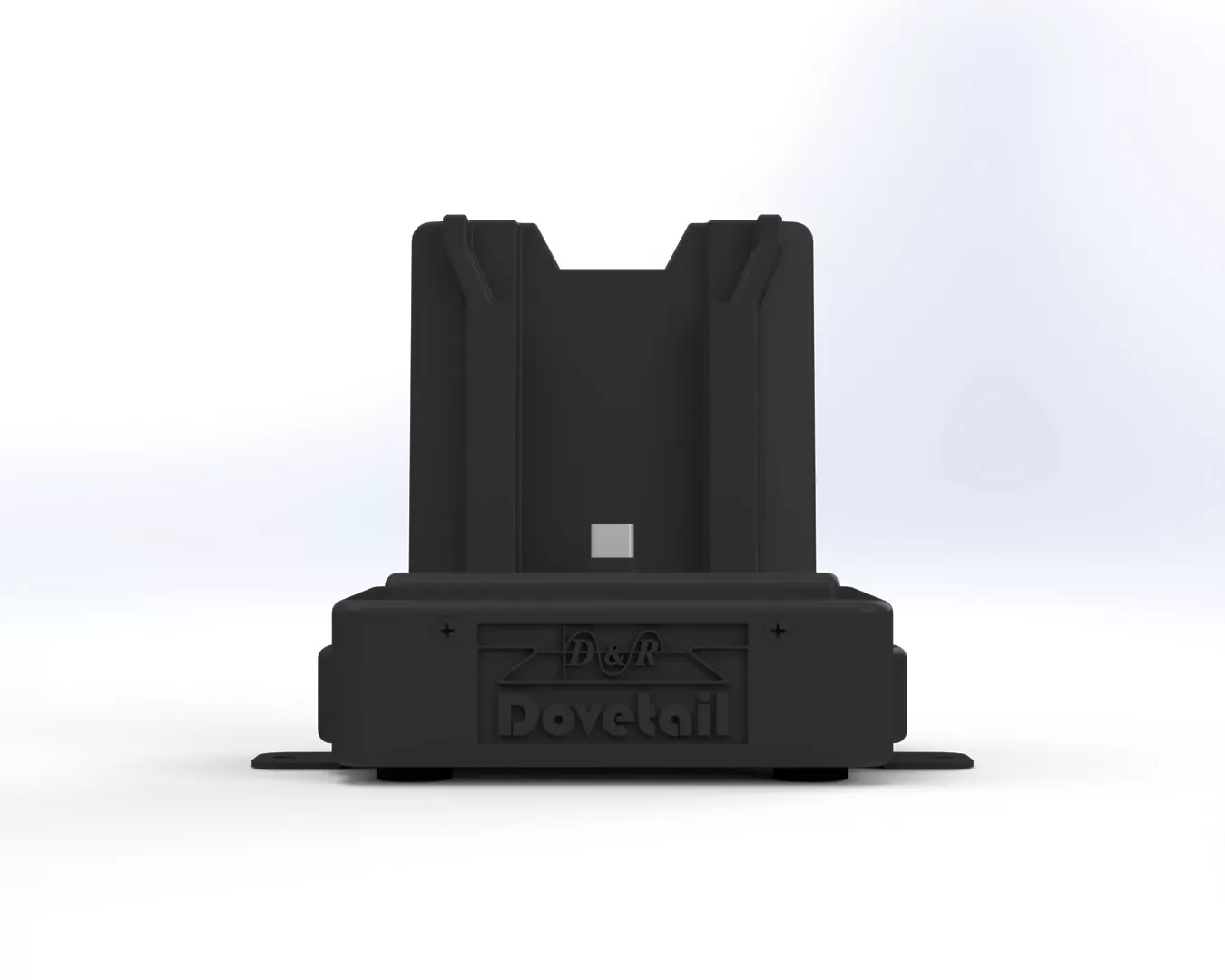 D&R Dovetail desktop docking station, front view of the empty phone cradle above the embossed logo base