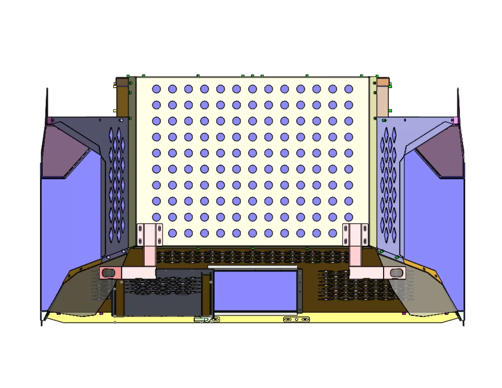 Rear elevation with the round-perforated back panel, exhaust mounts and a rectangular lower window