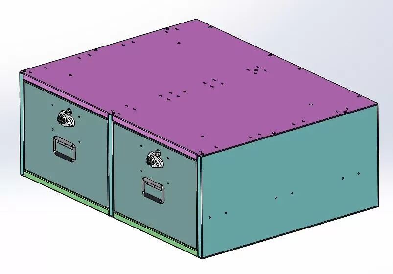 D&R 999-0168A vehicle storage system, drawing of the dual drawer cabinet with recessed pull handles
