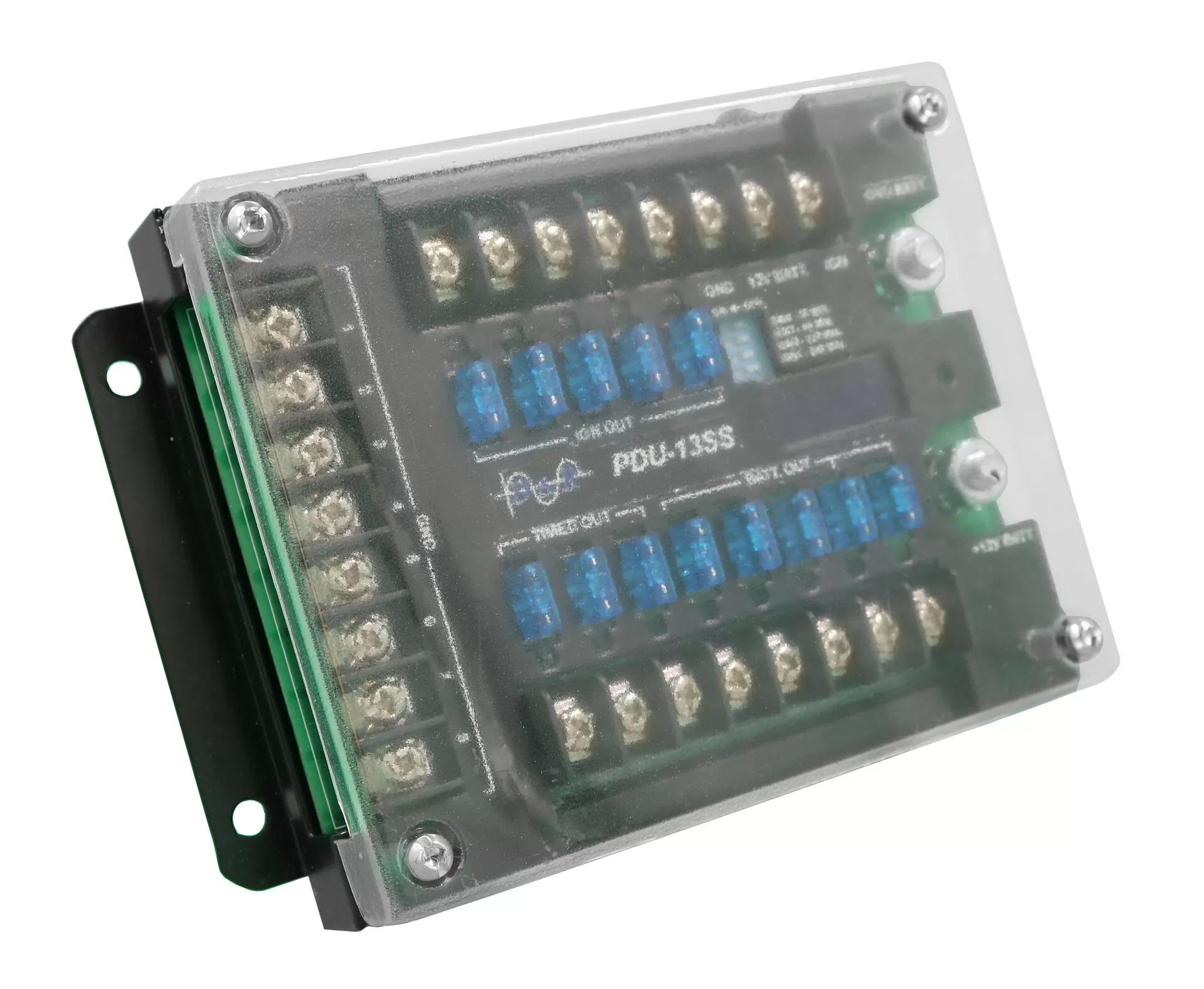 Covered unit angled from the left, its eight-screw GND terminal strip running down the left-hand edge
