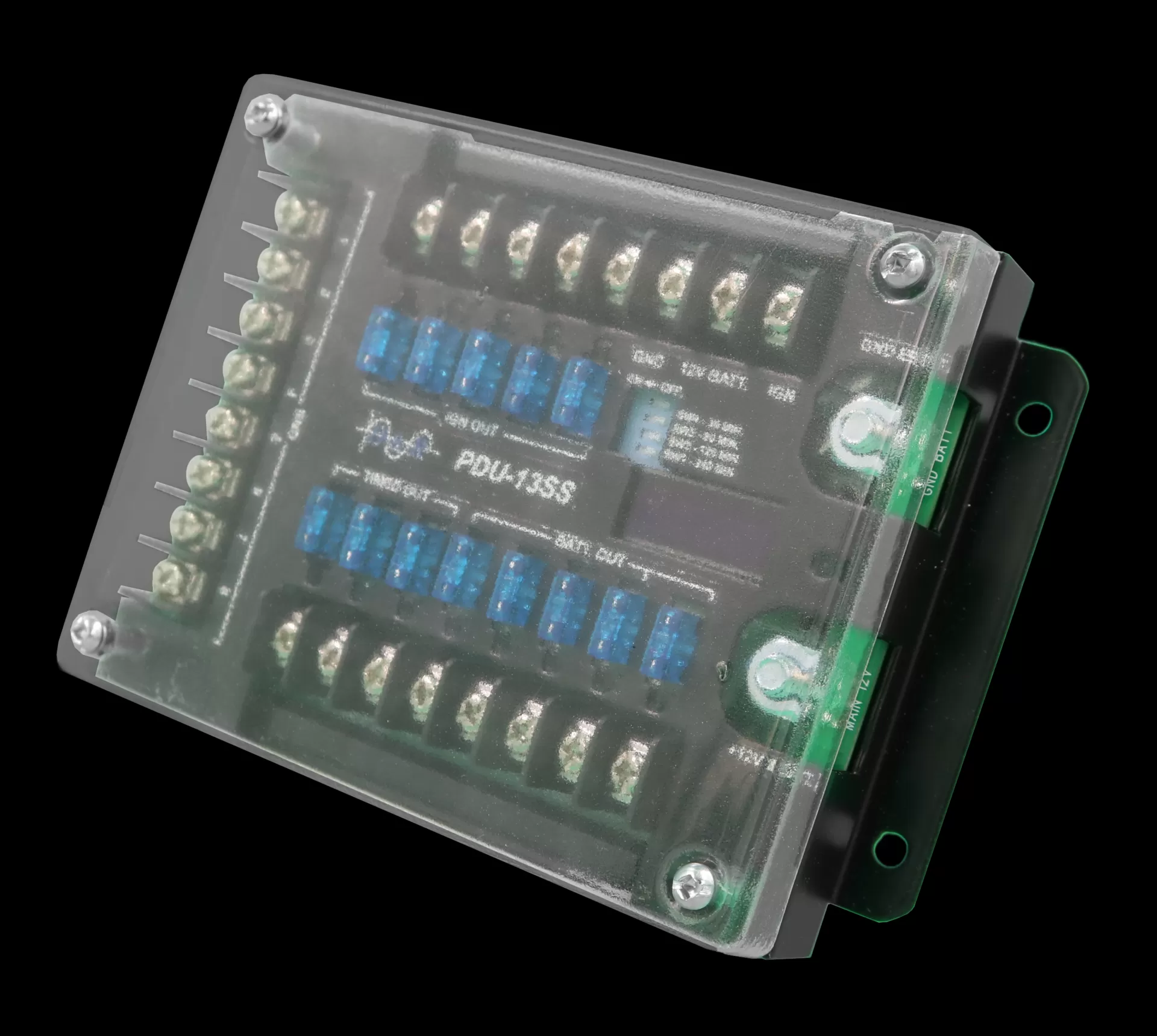 D&R PDU-13SS power distribution unit with blue mini blade fuses under a clear protective cover