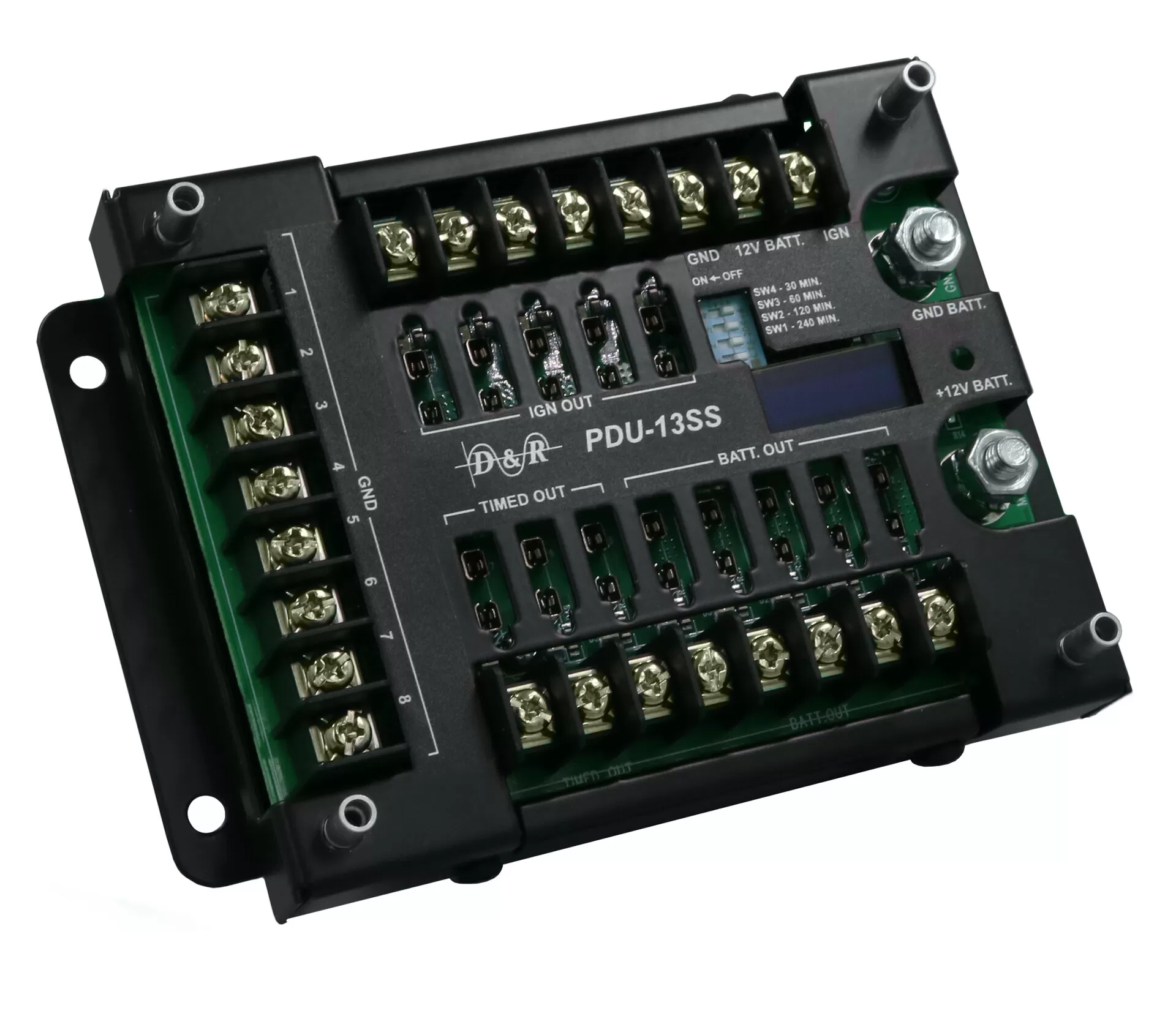 Uncovered board with empty fuse sockets and the timer DIP switch labelled SW4 30 MIN to SW1 240 MIN