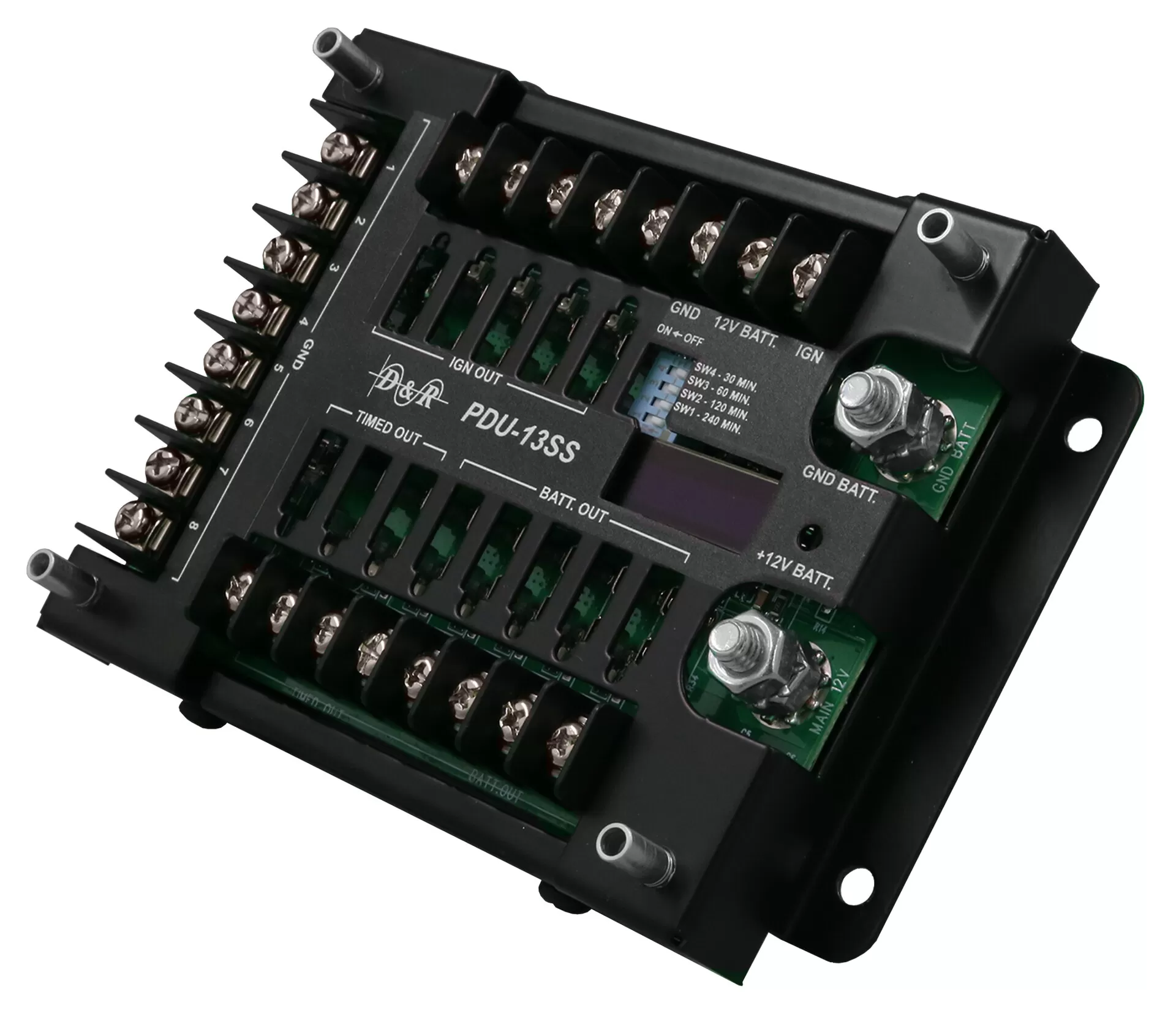 Fuse positions left empty, seen from the input end with spade terminals down the left-hand edge