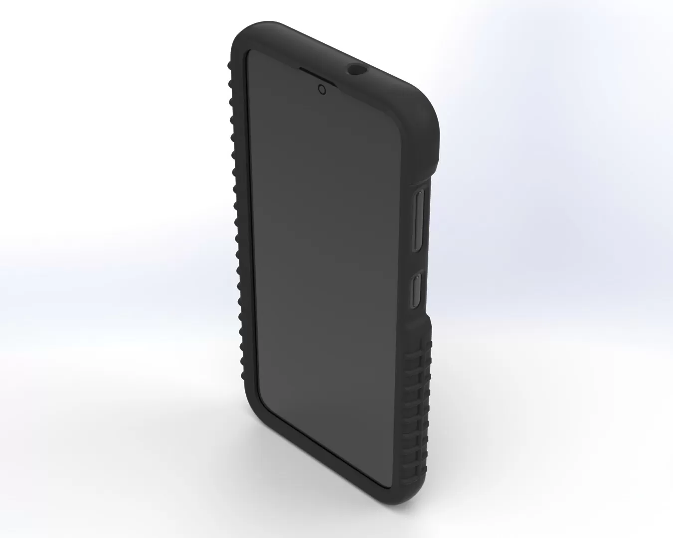 Front three-quarter of the case, screen opening with the side button cut-outs on the right edge