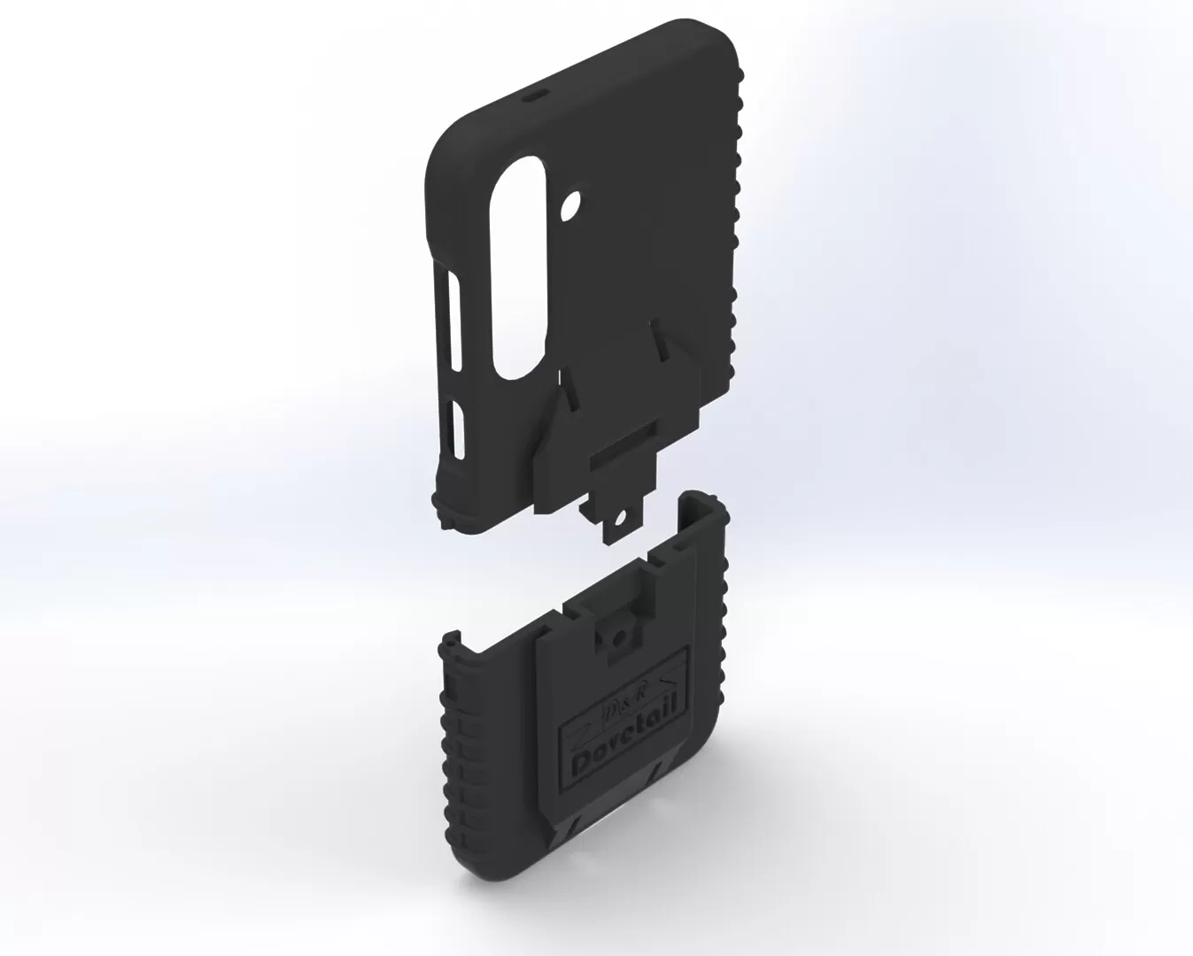 Exploded render, upper shell separated above the lower half carrying the dock plate
