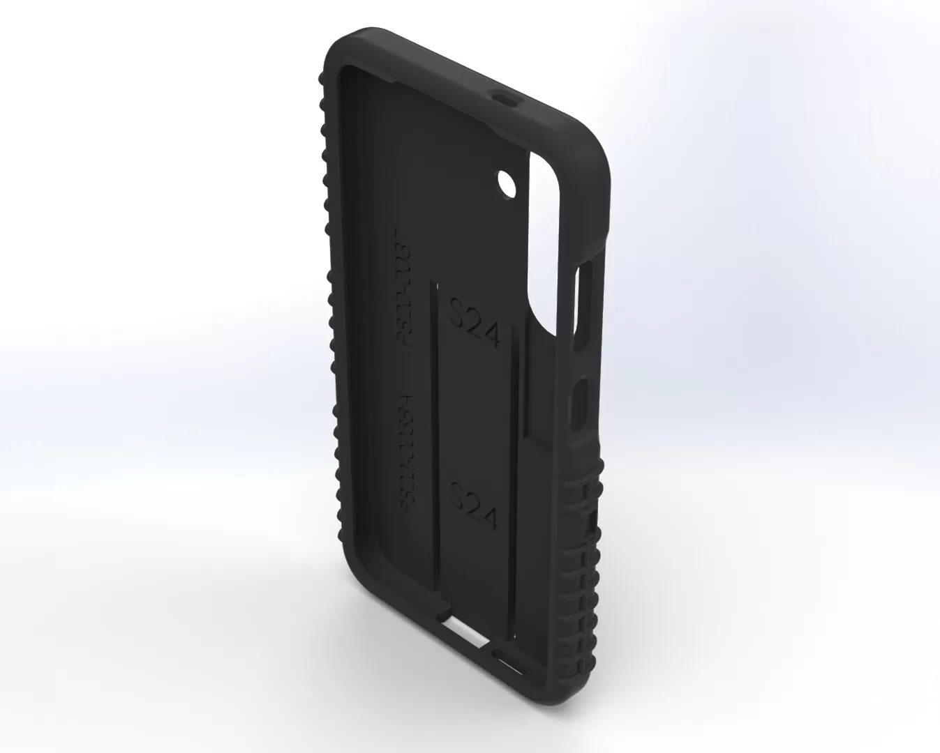 Angled view into the empty case showing the ribbed sidewall and S24 molded in the cavity