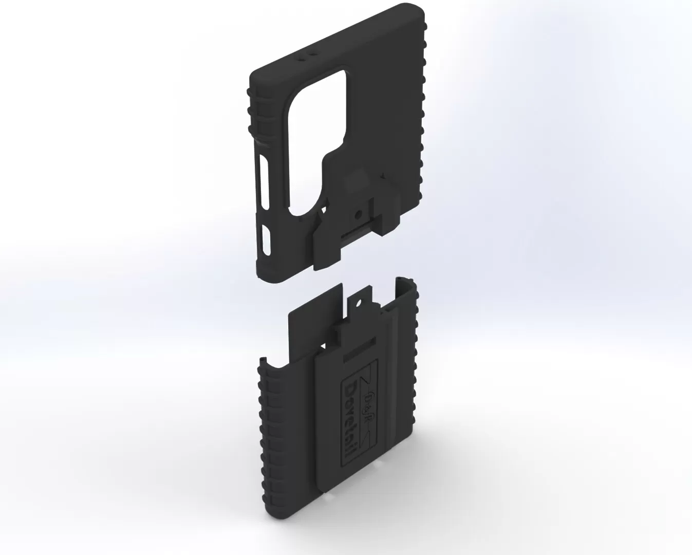 Exploded render with the top shell lifted off the lower half that carries the dock cleat