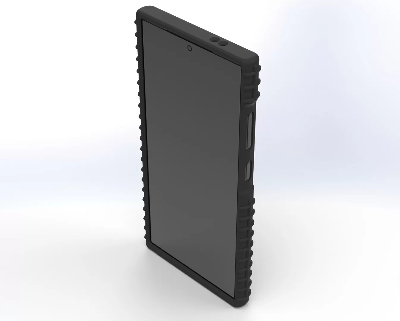 Front three-quarter of the assembled case, tall screen opening and ribbed edge grips