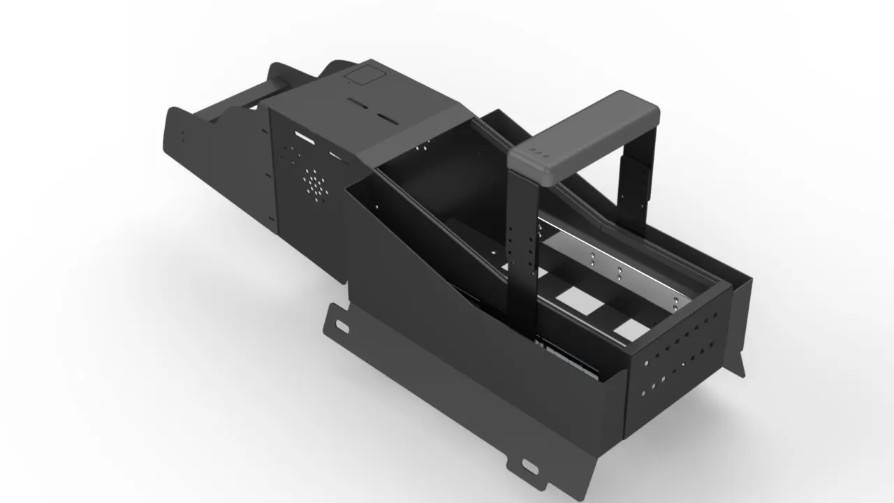 Overhead angle of the console showing the open equipment bay, mounting rails and floor plate tabs