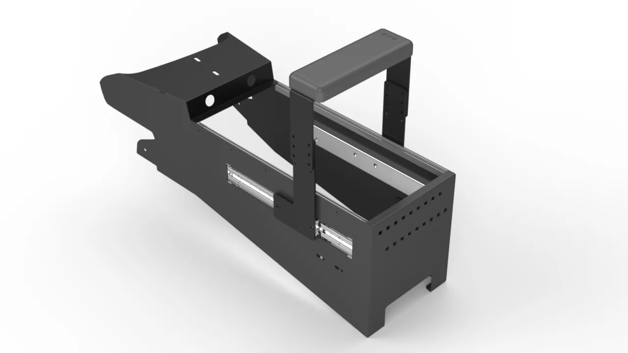 D&R 901-0185A police console for the Dodge Durango with sliding armrest on twin slide rails