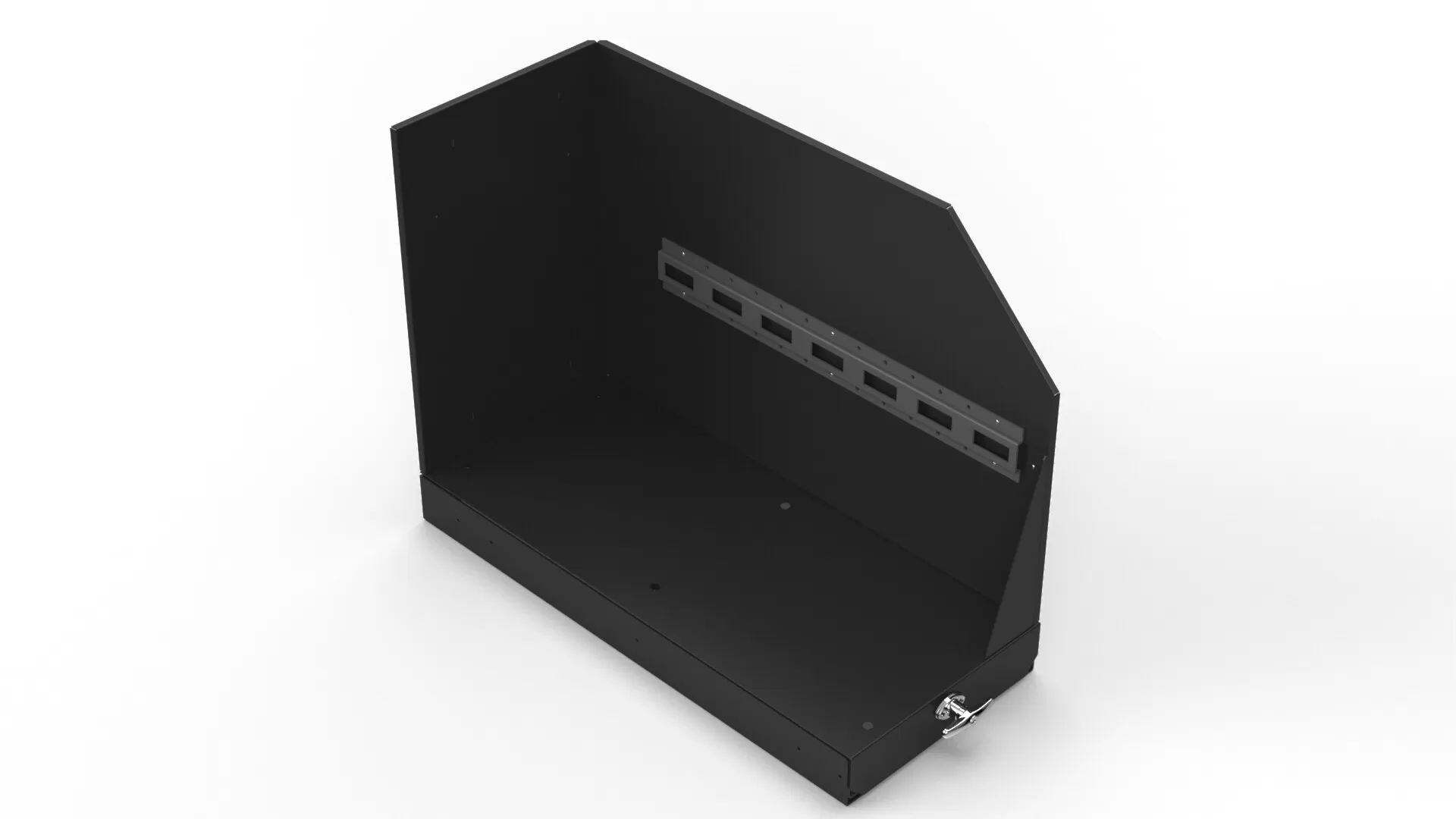 D&R 934-1036A vehicle storage cabinet, open-top black aluminum bin with E-TRACK rail and T-handle latch
