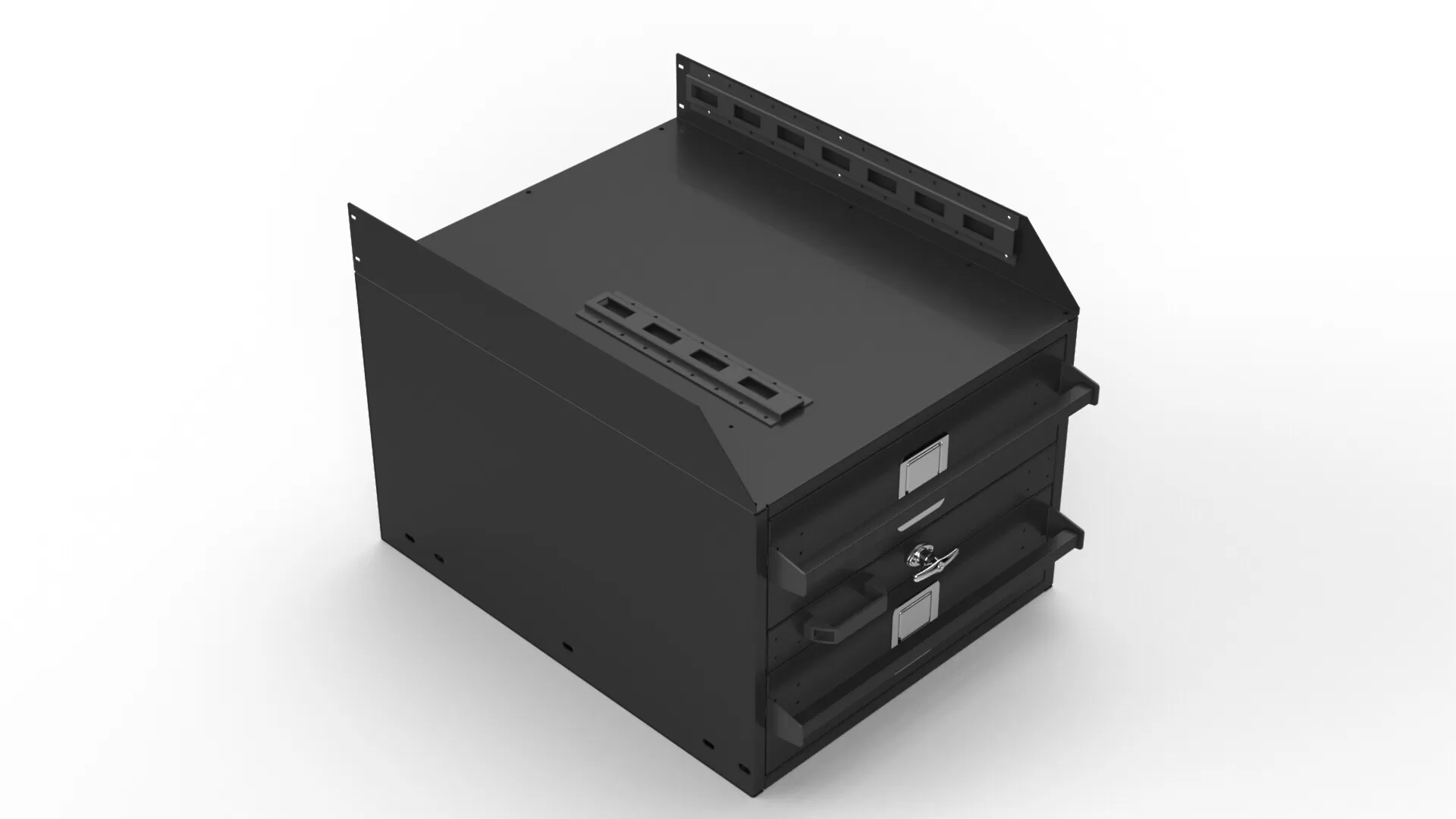 D&R 934-1035A vehicle storage cabinet in black wrinkle finish, three drawers closed, angled front view