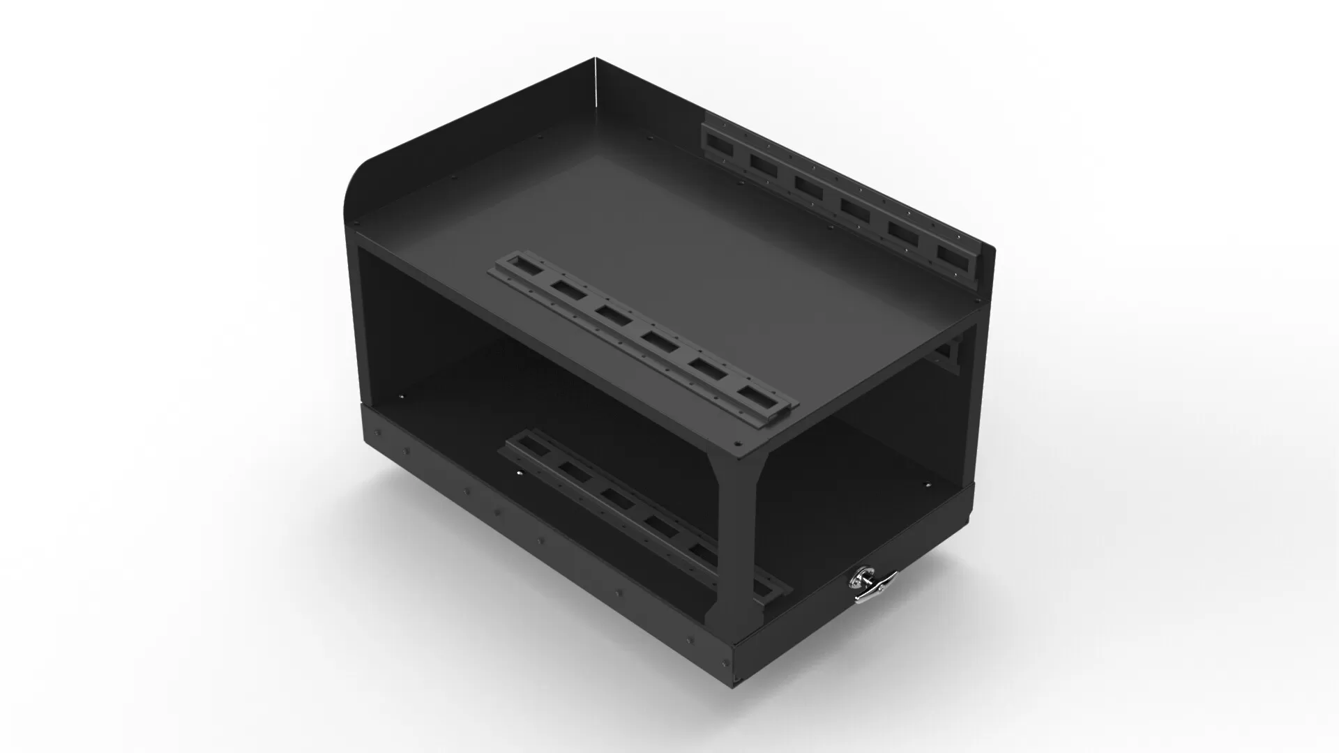 D&R 934-1022A two-tier slide-out storage tray with E-track strips on both decks and a T-handle