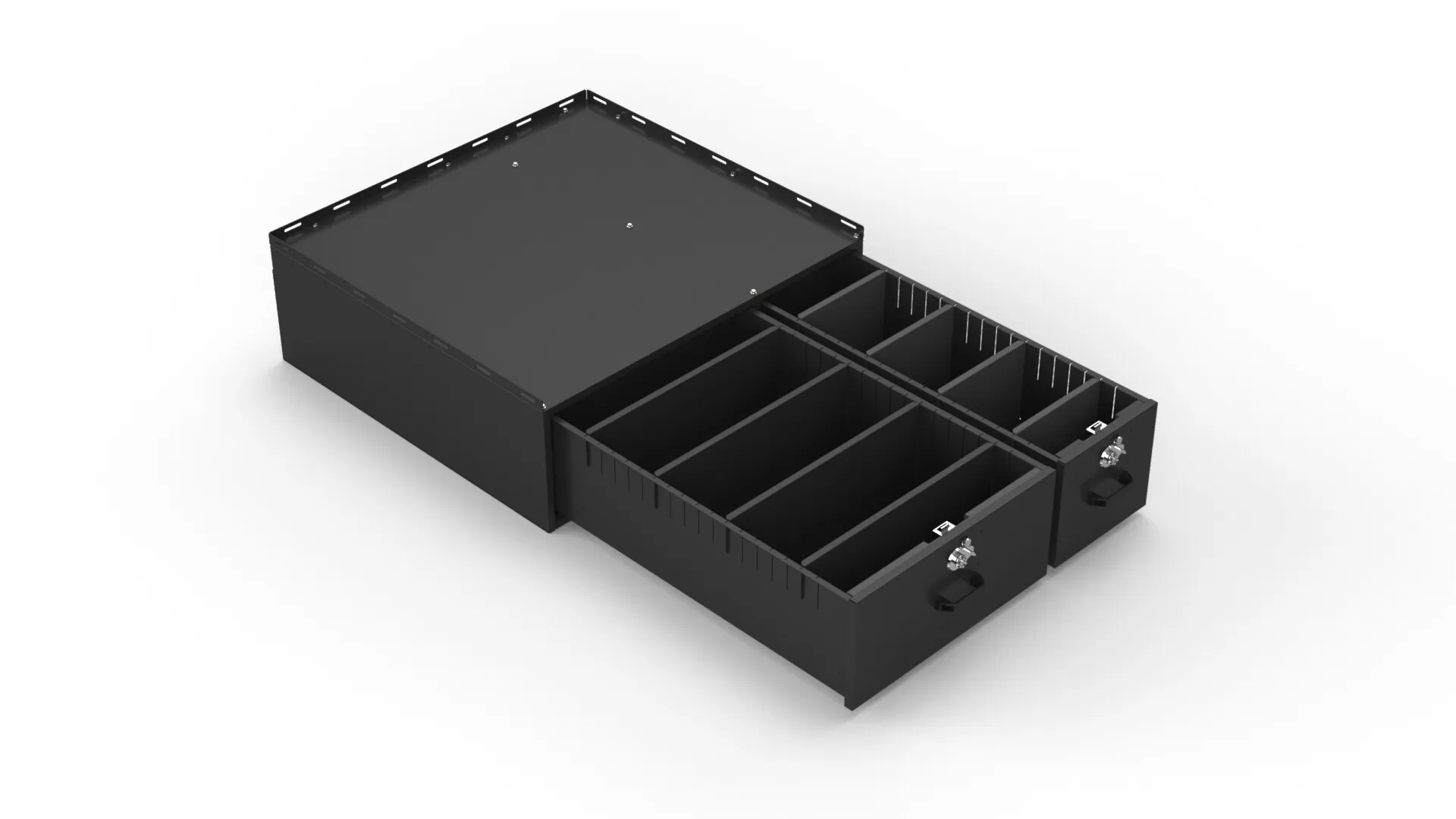 Wide and narrow drawers both pulled out, each split into compartments by adjustable dividers