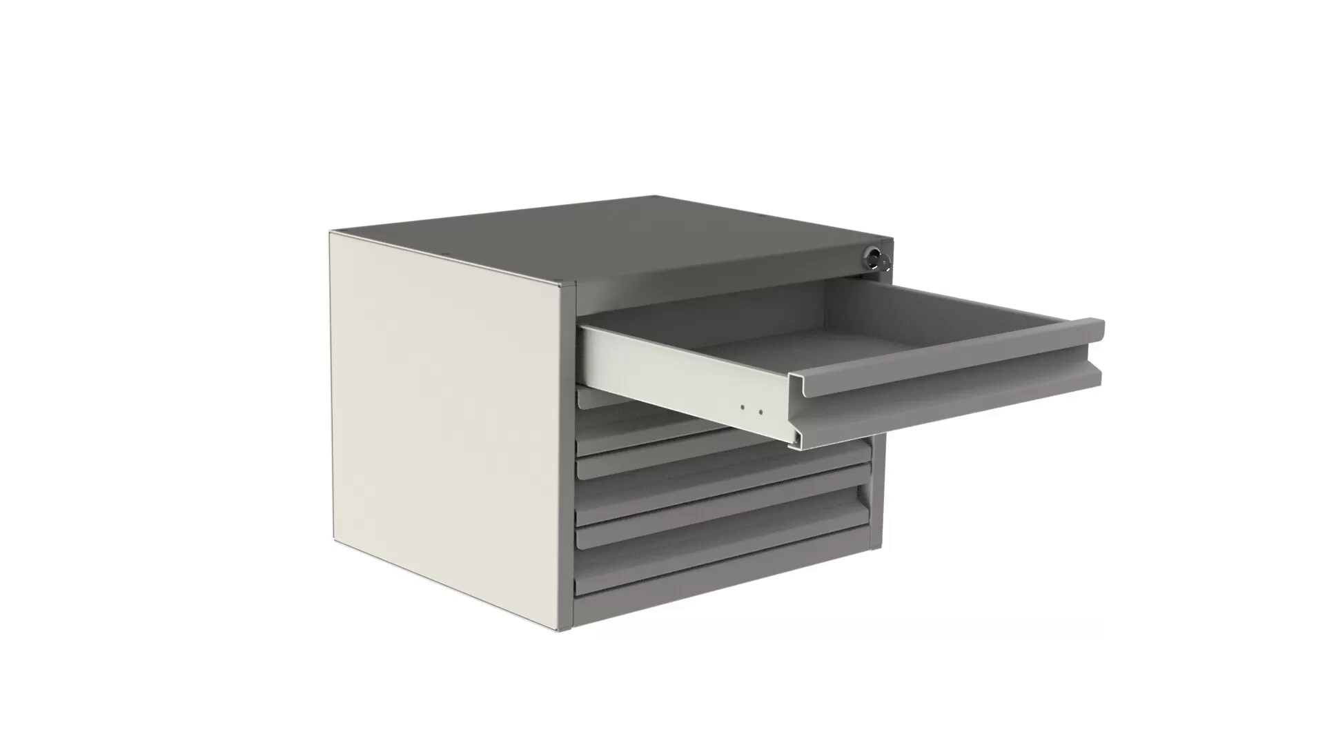 Top drawer extended on the four-drawer cabinet, showing a shallow empty tray running on light-duty slides