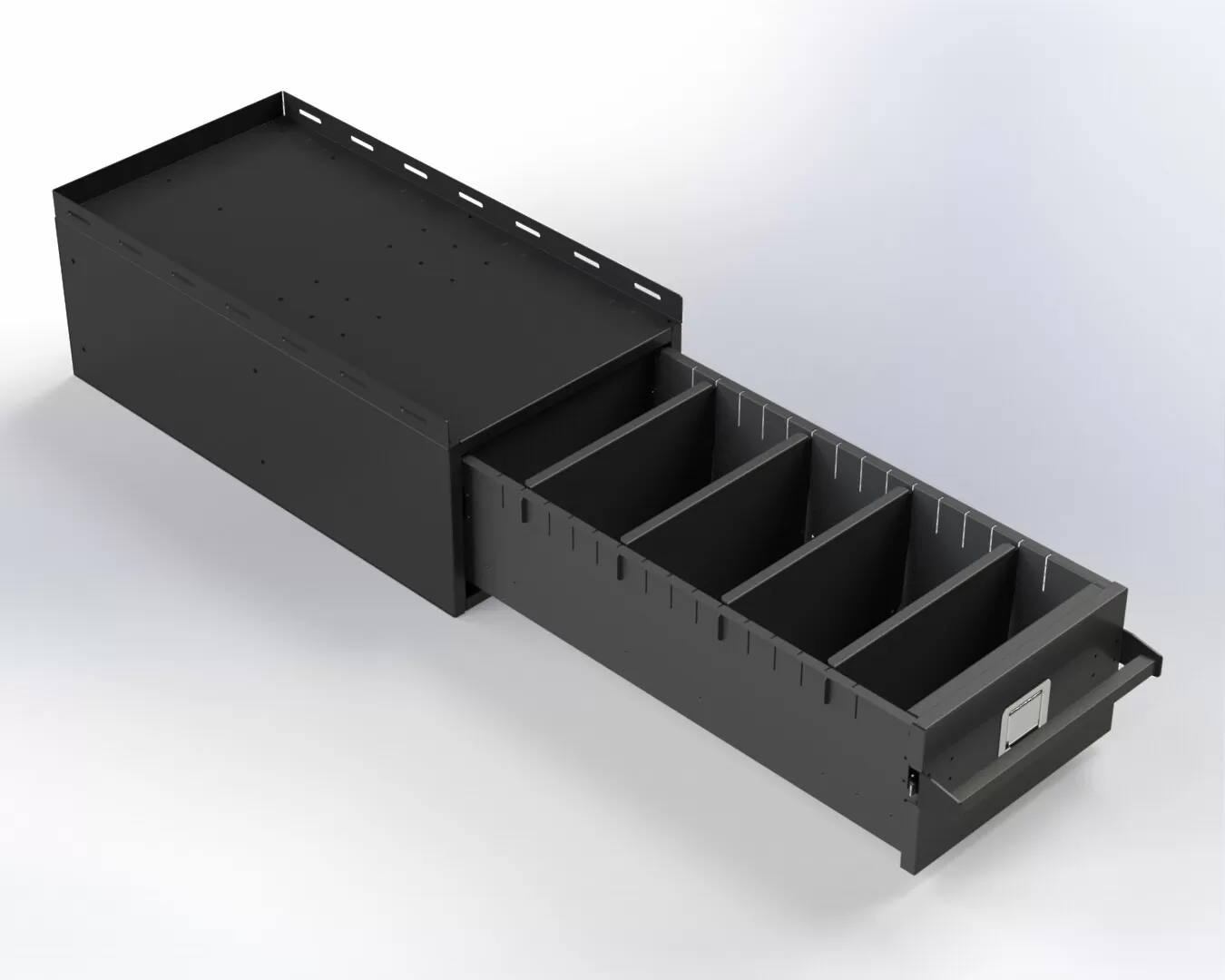 D&R 934-1011A single-drawer storage cabinet for the Ford Utility, drawer open with adjustable dividers