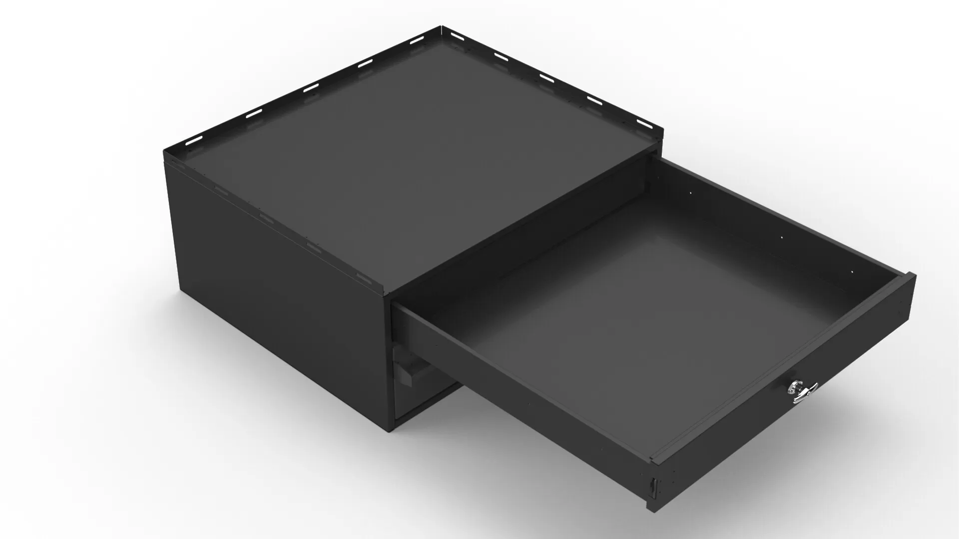 Upper drawer fully extended on the storage cabinet, an empty tray with a small latch at the front corner