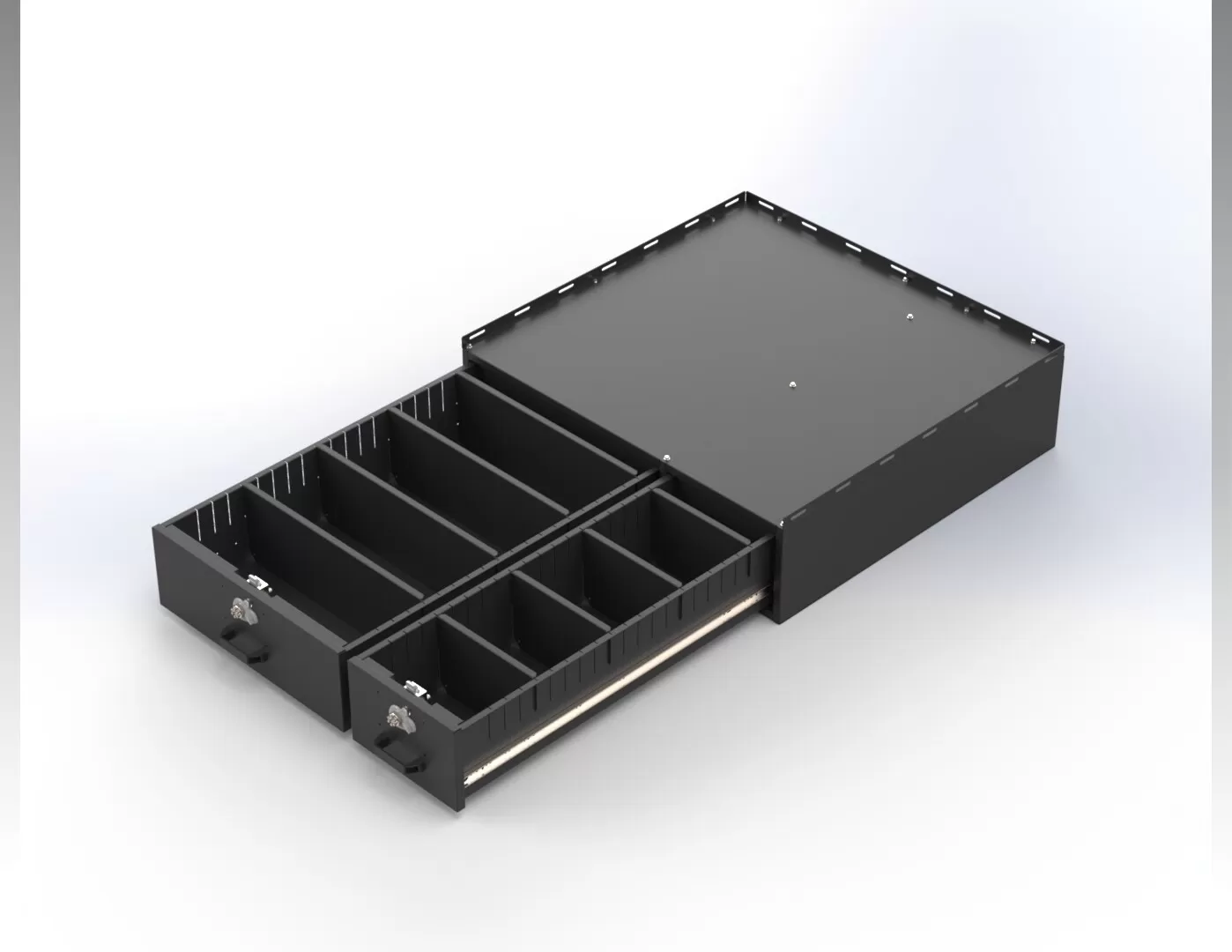 Both Transit cabinet drawers pulled out on full-length slides, showing divided compartments