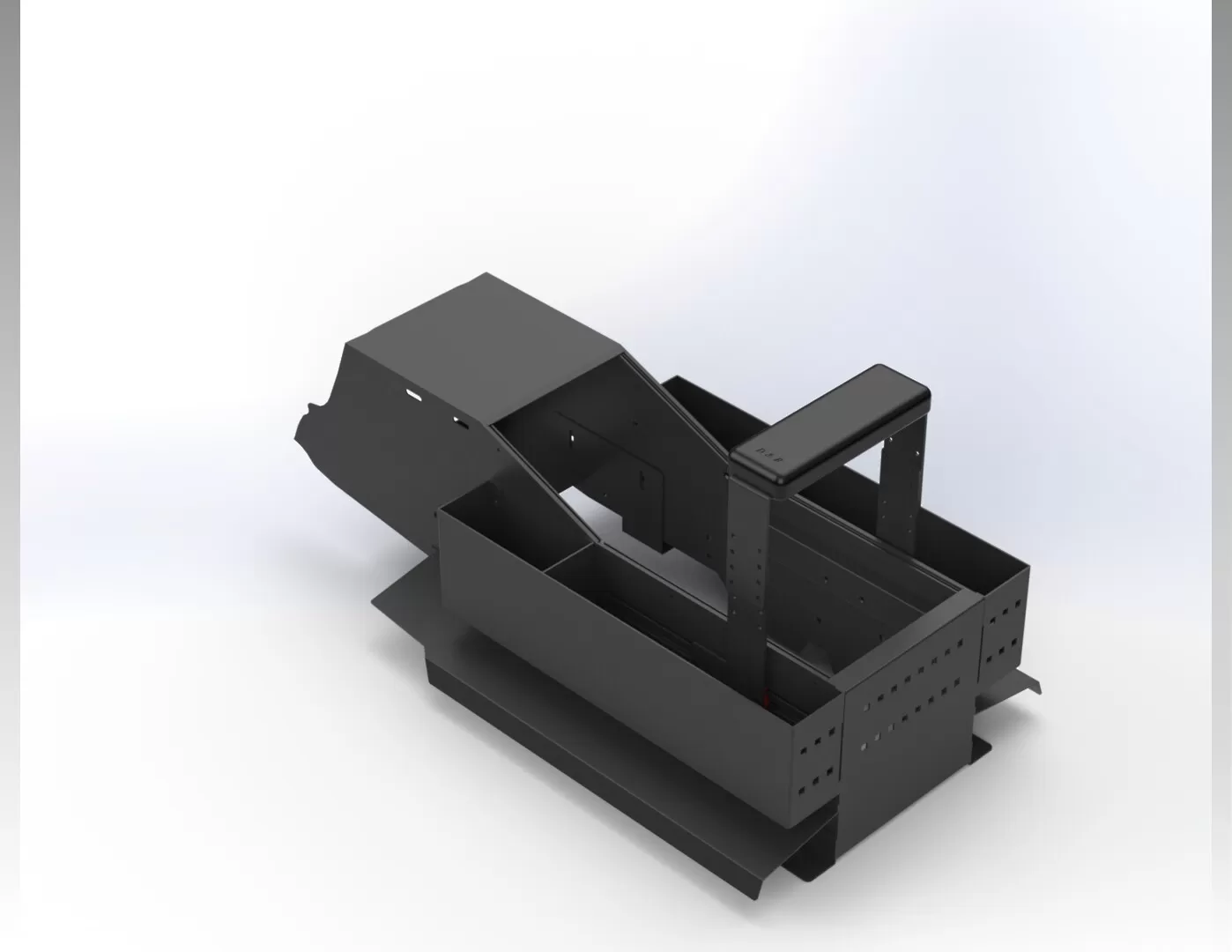 Rear angle of the console showing storage pockets on both sides and the open equipment bay
