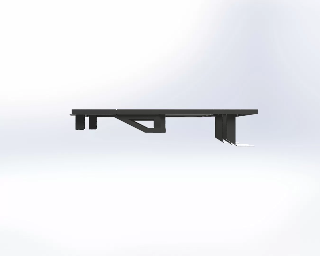 Side elevation of the steel frame showing its low profile and the drop-down mounting brackets