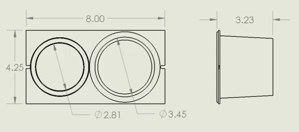 Dimensioned drawing: 8.00 by 4.25 plate, 3.23 deep, with cup openings of 2.81 and 3.45 diameter