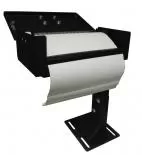Rear three-quarter of the printer armrest showing top mounting studs and paper roll under the tear bar