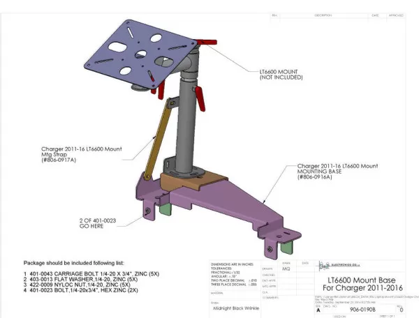 Assembly drawing titled LT6600 Mount Base For Charger 2011-2016 with mounting base and strap callouts
