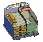 CAD view of the full assembly with cargo partition, stacked drawers, slide-out tray and extinguisher