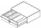 Line drawing of the unit in three-quarter view with the divided drawer extended from the housing