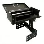 Printer armrest housing with the lid raised, showing the empty printer bay and paper spool rod inside