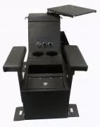 Console seen head-on showing three outlets, twin cup holders, a locking lid and floor mounting feet