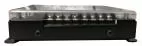 Front edge of the metal housing showing the full row of labelled output terminal screws below the cover