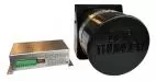 D&R Thunder-1 low frequency siren amplifier beside the round Thunder speaker with embossed cover