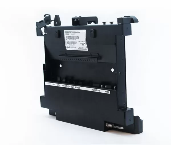 Rear three-quarter view with the spec label and the port row marked LAN, USB 3.0, USB 2.0 and HDMI
