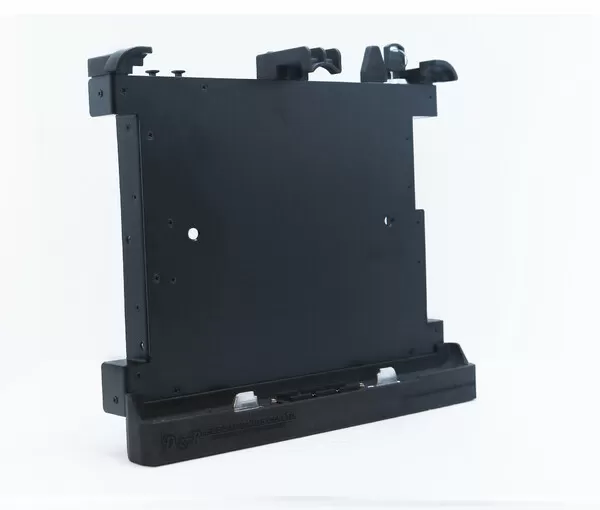 Three-quarter view of the dock standing upright, retaining arms along the top and connector in the base
