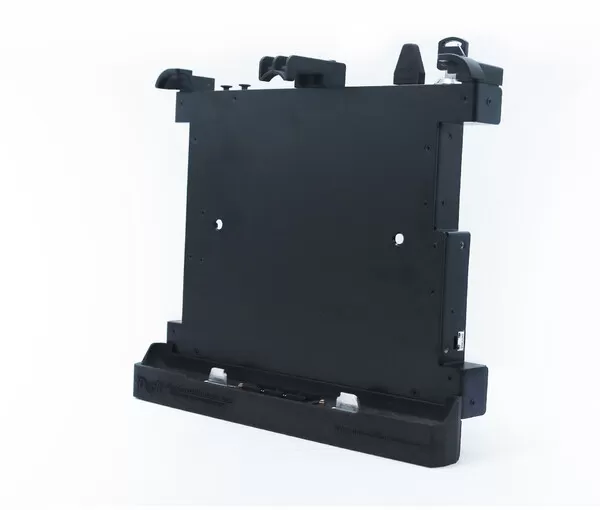 Front three-quarter from the right, tablet plate with adjustable clamps above the connector base