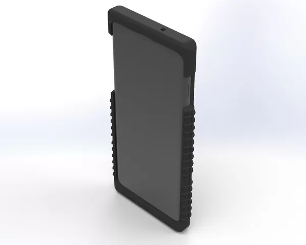 Front of the assembled case with the phone fitted, screen edges protected by the ribbed bumper