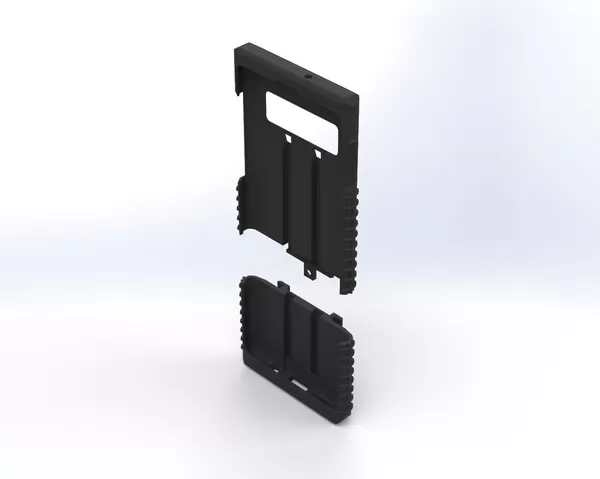 Exploded interior render of the two halves, showing the ribs that hold the handset in place