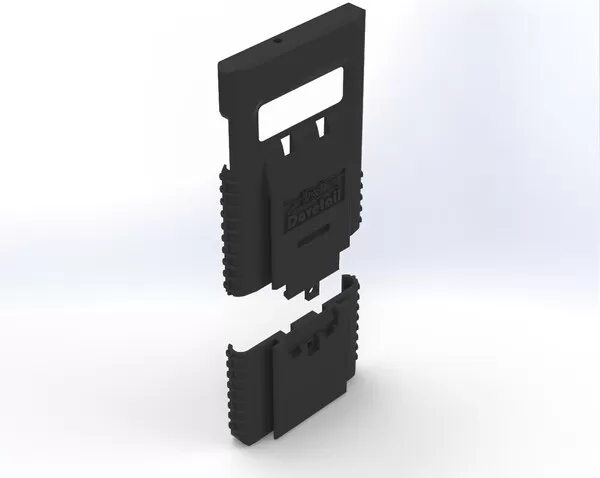 Exploded render showing the case shell separating from its sliding lower end cap