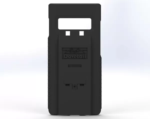 D&R Dovetail phone case for the Galaxy S10+, rear view with embossed logo and docking contact slot