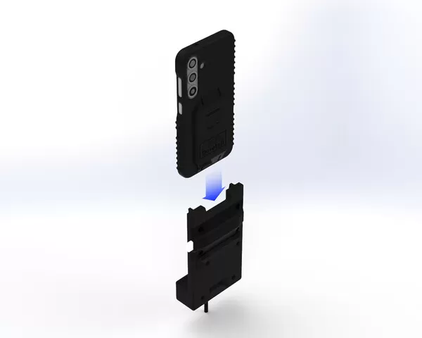 Back of the cased Galaxy phone showing its dovetail mounting plate above the empty cradle