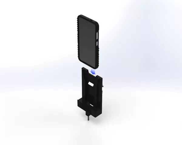 Render of a rugged-cased phone lowering screen-up into the cradle, blue arrow showing how it seats