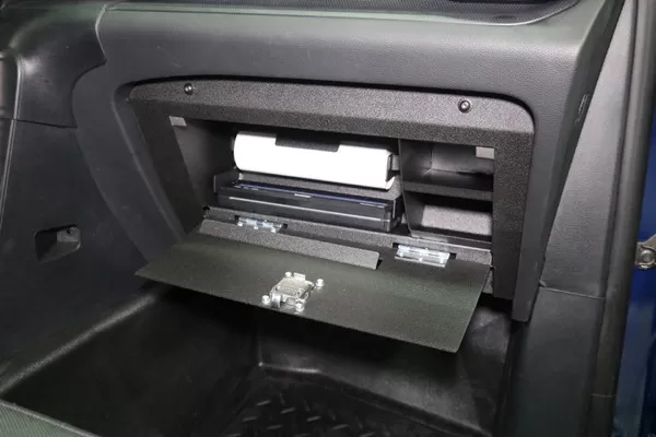 D&R 918-0051A glove box printer mount holding a Brother printer and paper roll, door dropped open