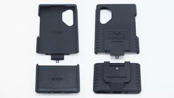 Both Note10+ shells with their lower N10+ caps detached, back of the outer piece marked Patent Pending