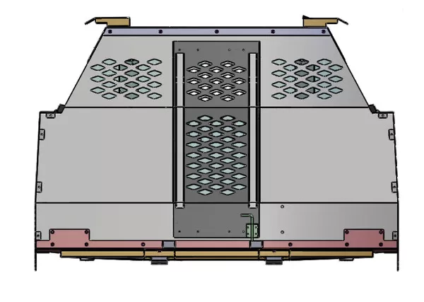 Rear elevation drawing showing the centre dog door flanked by diamond-cut vent panels