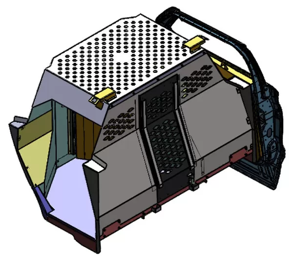 Colour-coded CAD model with perforated roof vent panel and the rear door frame in place