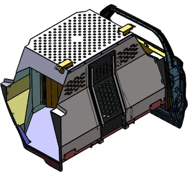 CAD view of the sliding dog door track, side skin cut-outs and mounting feet along the base