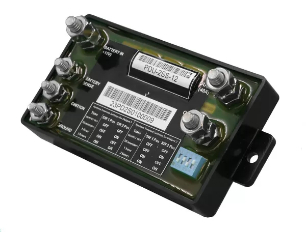 D&R PDU-2SS-12 power distribution unit with battery, sense, ignition and ground studs on a black chassis