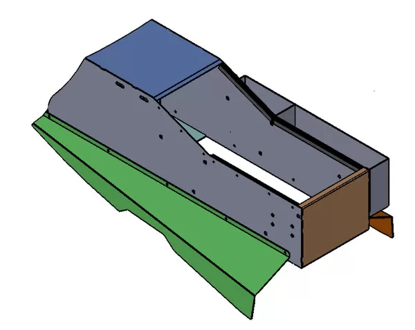 3D model of the console steel weldment showing the sloped front, open centre bay and rear panel