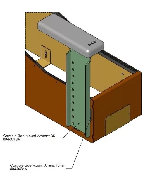 Assembly detail calling out the 804-0486A armrest shim behind the slotted height-adjust bracket